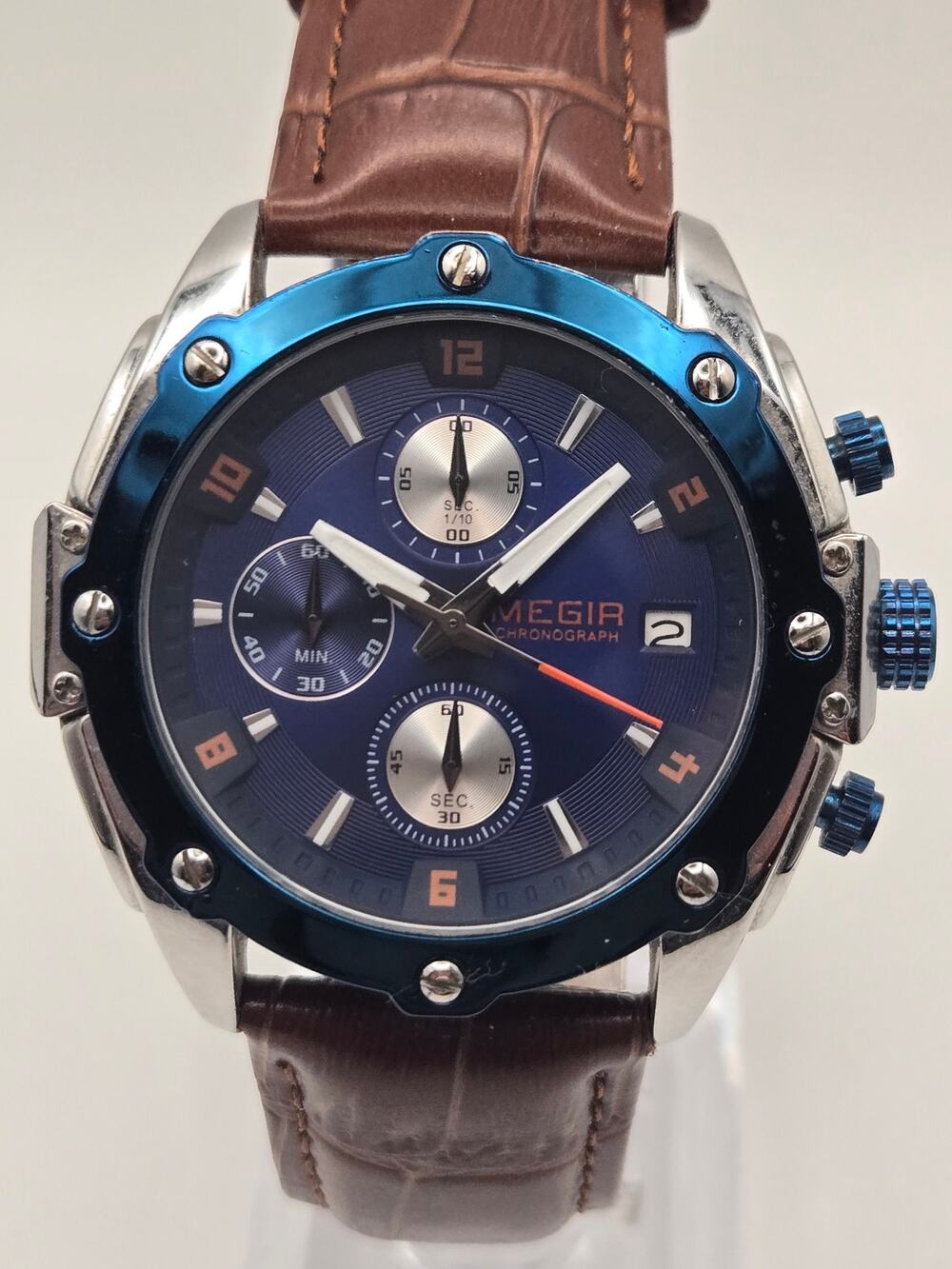 Megir M2014 Chronograph Quartz Watch Blue Dial Brown Strap